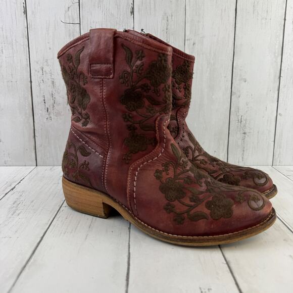 Taos Red Oxblood Privilege Western Boot Cowgirl Floral Embroidered Size 38 US 7 - Picture 1 of 14